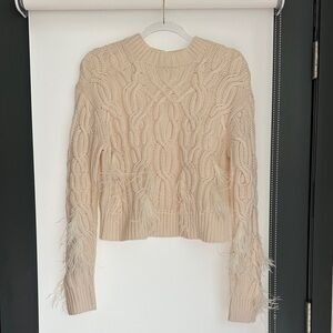 Vince Cream Cable Knit Sweater with Feather Details